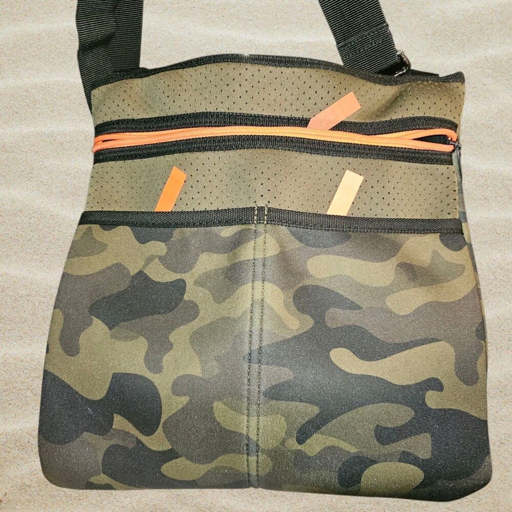 HAUTE SHORE Neoprene Crossbody Green Camo  Orange Stripe Gunmetal Hardware